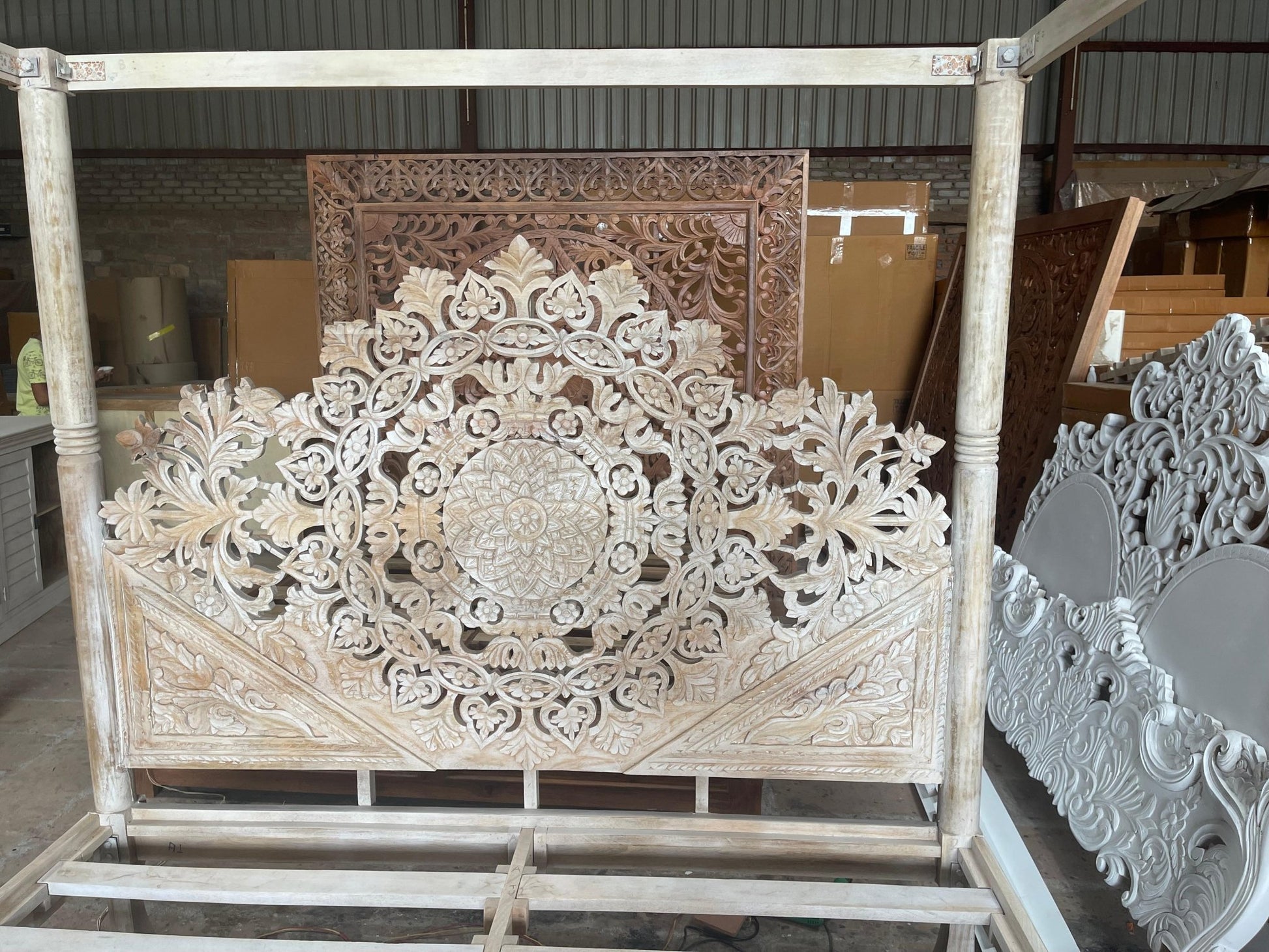 Shahi Mughal Hand Carved Indian Wooden Canopy Platform Bed – handcrafted solid wood furniture