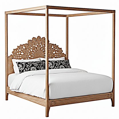 Shahi Mughal Hand Carved Indian Wooden Canopy Platform Bed – handcrafted solid wood furniture