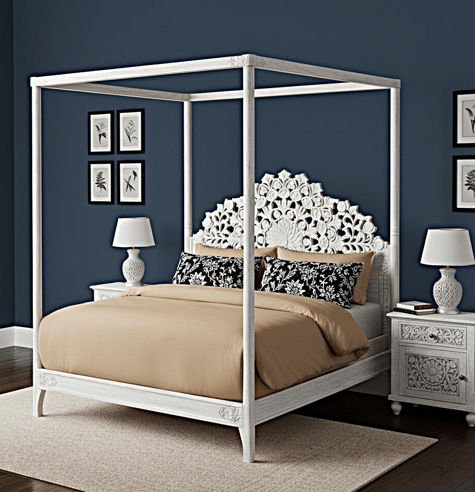 Shahi Mughal Hand Carved Indian Wooden Canopy Platform Bed – handcrafted solid wood furniture