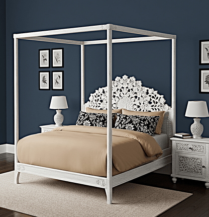 Shahi Mughal Hand Carved Indian Wooden Canopy Platform Bed – handcrafted solid wood furniture