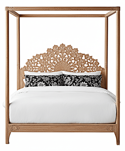 Shahi Mughal Hand Carved Indian Wooden Canopy Platform Bed – handcrafted solid wood furniture