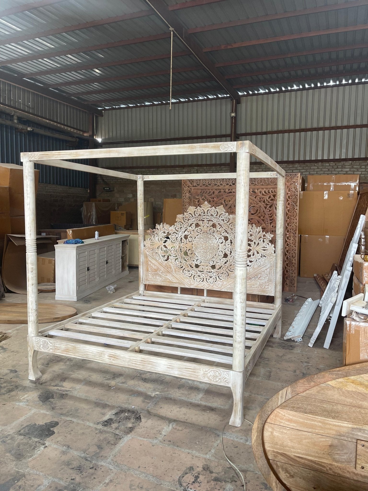 Shahi Mughal Hand Carved Indian Wooden Canopy Platform Bed – handcrafted solid wood furniture