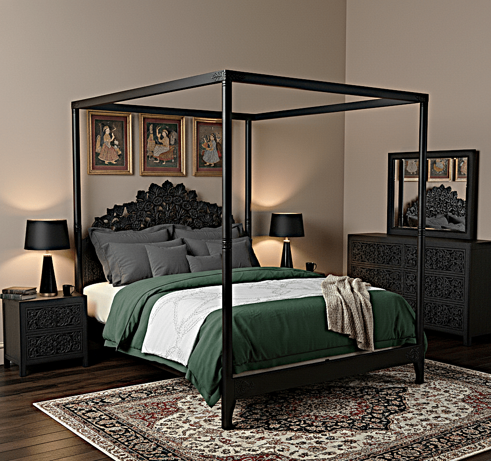 Shahi Mughal Hand Carved Indian Wooden Canopy Platform Platform Bed – handcrafted solid wood furniture