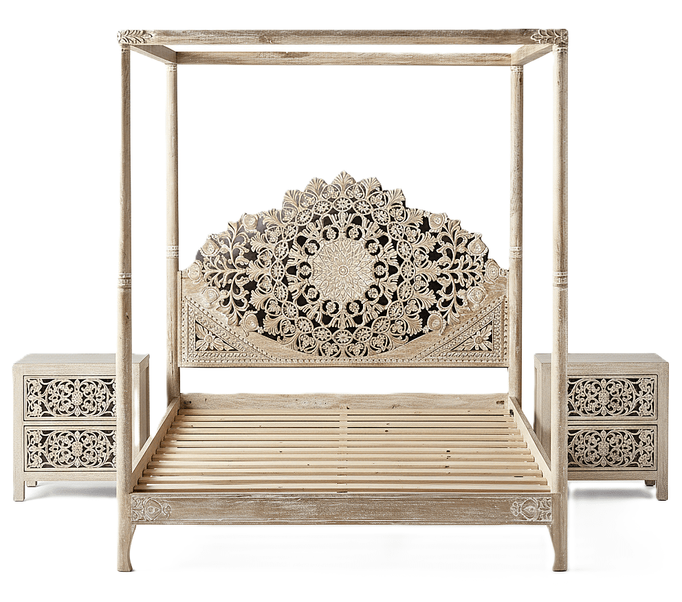 Shahi Mughal Hand Carved Indian Wooden Canopy Platform Platform Bed – handcrafted solid wood furniture