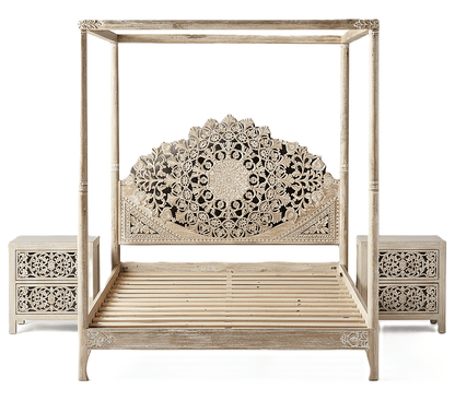 Shahi Mughal Hand Carved Indian Wooden Canopy Platform Platform Bed – handcrafted solid wood furniture