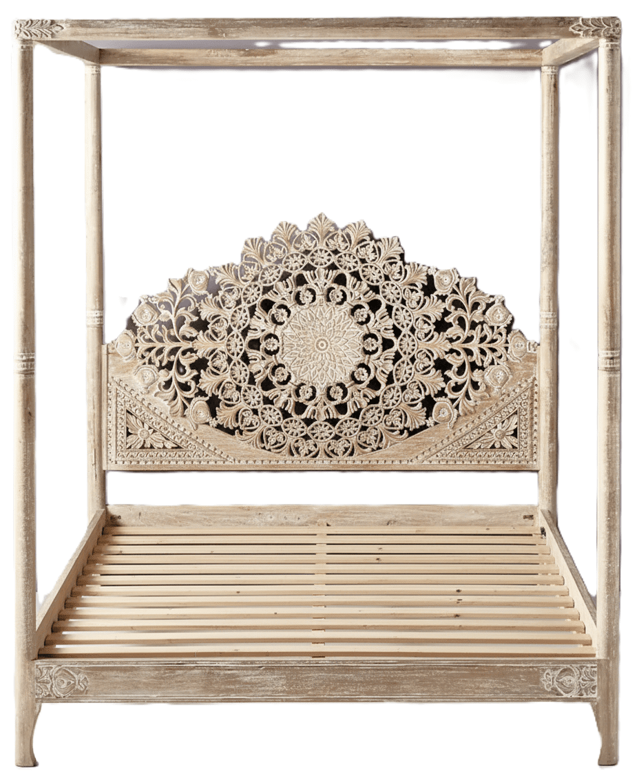 Shahi Mughal Hand Carved Indian Wooden Canopy Platform Platform Bed – handcrafted solid wood furniture