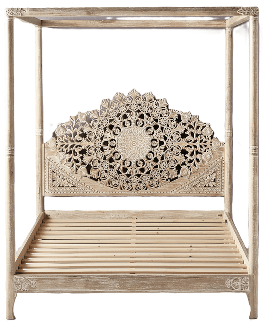 Shahi Mughal Hand Carved Indian Wooden Canopy Platform Platform Bed – handcrafted solid wood furniture