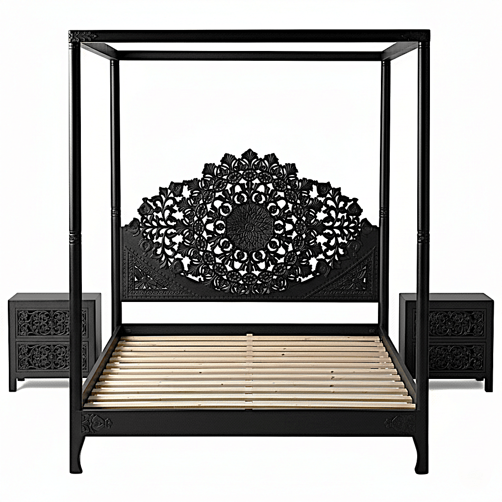 Shahi Mughal Hand Carved Indian Wooden Canopy Platform Platform Bed – handcrafted solid wood furniture