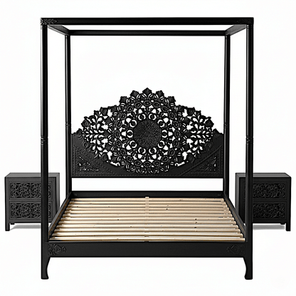 Shahi Mughal Hand Carved Indian Wooden Canopy Platform Platform Bed – handcrafted solid wood furniture