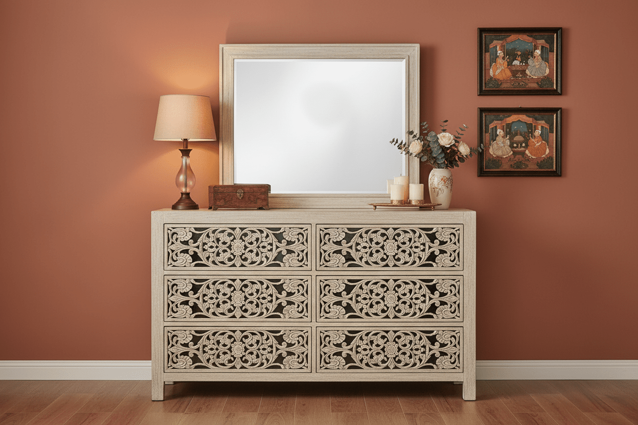 Shahi Mughal Hand Carved Indian Wooden Canopy Platform Platform Bed – handcrafted solid wood furniture