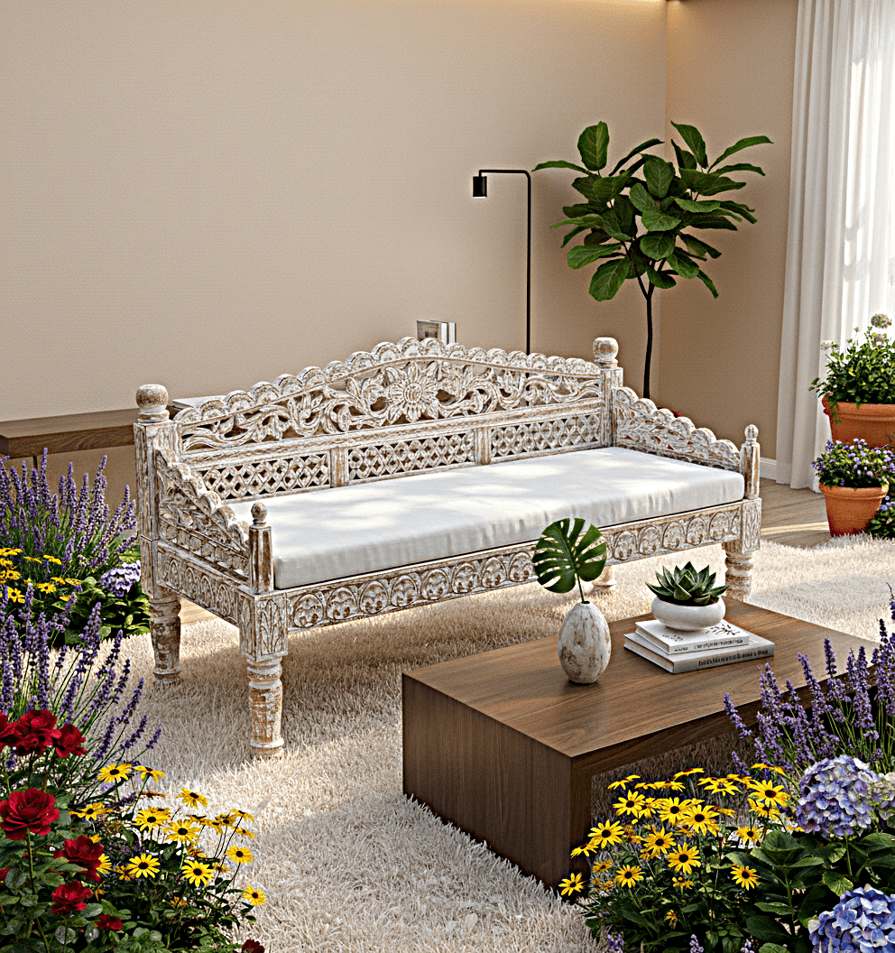 Silaw Hand Carved solid wooden indoor / Outdoor Daybed – handcrafted solid wood furniture