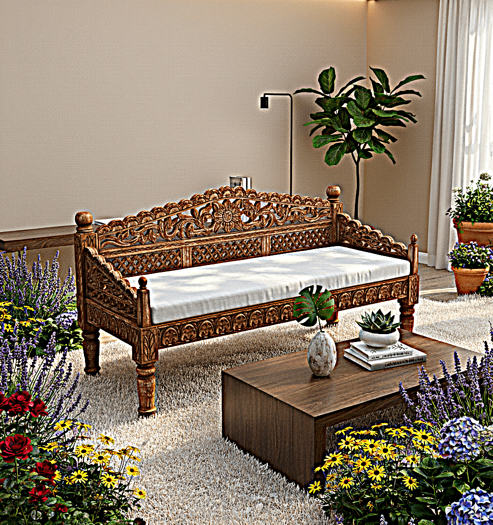 Silaw Hand Carved solid wooden indoor / Outdoor Daybed by Hibashi Furniture – handcrafted solid wood furniture made in India