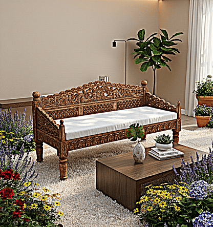 Silaw Hand Carved solid wooden indoor / Outdoor Daybed by Hibashi Furniture – handcrafted solid wood furniture made in India