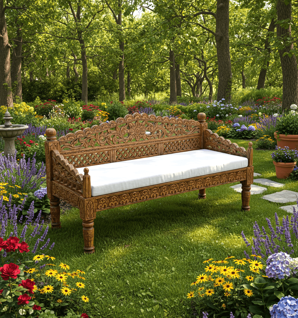 Silaw Hand Carved solid wooden indoor / Outdoor Daybed by Hibashi Furniture – handcrafted solid wood furniture made in India