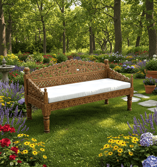 Silaw Hand Carved solid wooden indoor / Outdoor Daybed by Hibashi Furniture – handcrafted solid wood furniture made in India