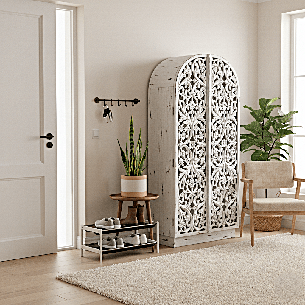 Sitra Arched Floral Hand - Carved Wood Armoire & Storage Cabinet – handcrafted solid wood furniture
