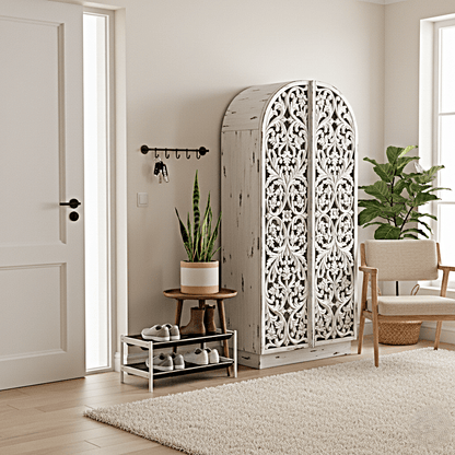 Sitra Arched Floral Hand - Carved Wood Armoire & Storage Cabinet – handcrafted solid wood furniture