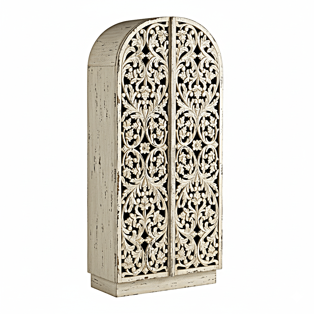 Sitra Arched Floral Hand - Carved Wood Armoire & Storage Cabinet – handcrafted solid wood furniture