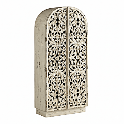 Sitra Arched Floral Hand - Carved Wood Armoire & Storage Cabinet – handcrafted solid wood furniture