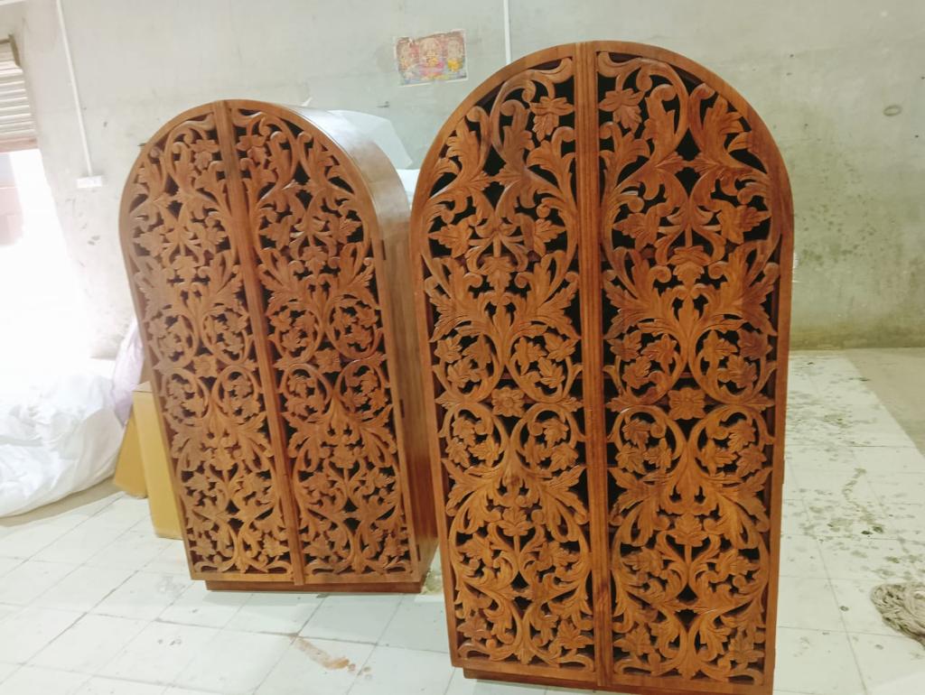 Sitra Arched Floral Hand - Carved Wood Armoire & Storage Cabinet – handcrafted solid wood furniture