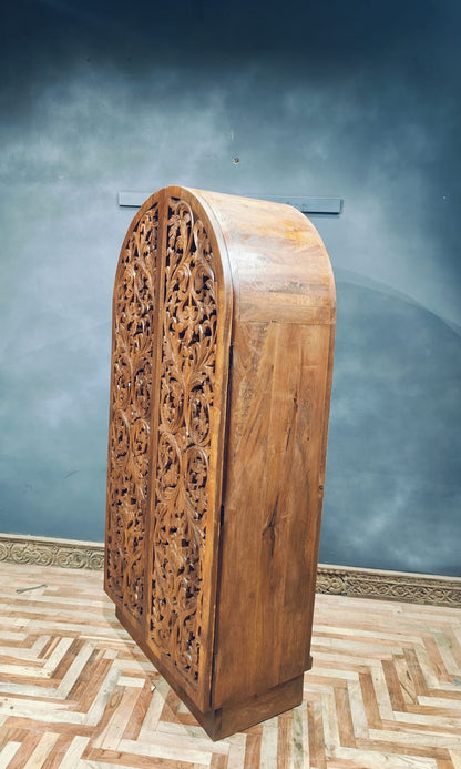 Sitra Arched Floral Hand - Carved Wood Armoire & Storage Cabinet – handcrafted solid wood furniture