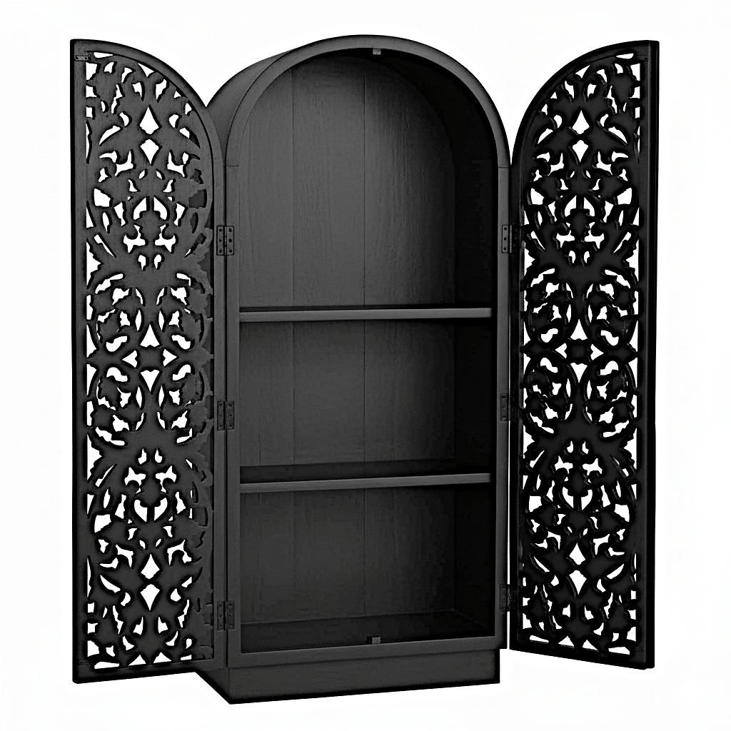 Sitra Arched Floral Hand - Carved Wood Armoire & Storage Cabinet – handcrafted solid wood furniture