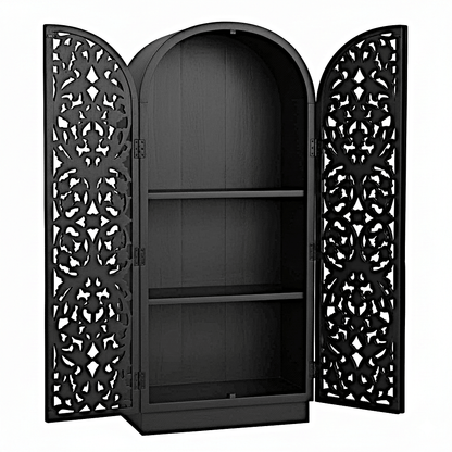 Sitra Arched Floral Hand - Carved Wood Armoire & Storage Cabinet – handcrafted solid wood furniture