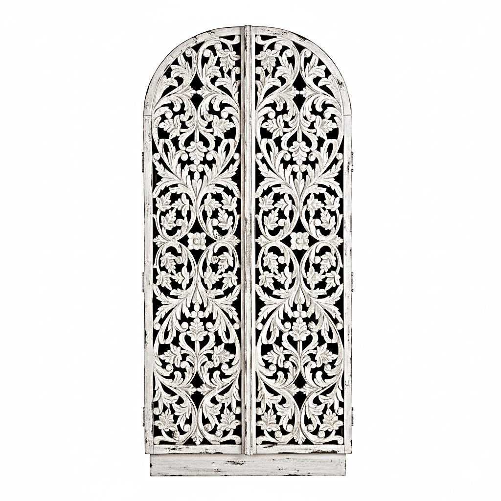 Sitra Arched Floral Hand - Carved Wood Armoire & Storage Cabinet – handcrafted solid wood furniture
