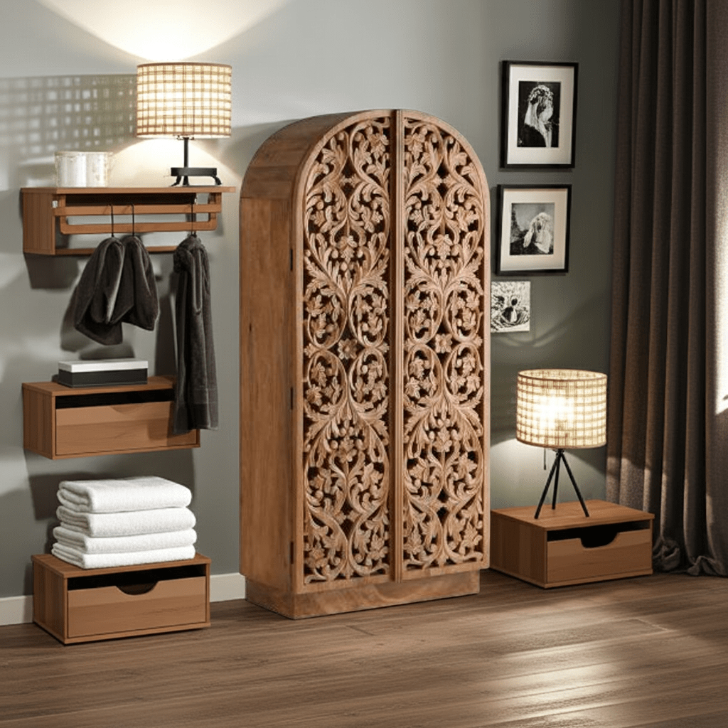 Sitra Arched Floral Hand - Carved Wood Armoire & Storage Cabinet – handcrafted solid wood furniture