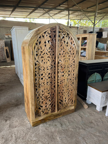 Sitra Arched Floral Hand - Carved Wood Armoire & Storage Cabinet – handcrafted solid wood furniture