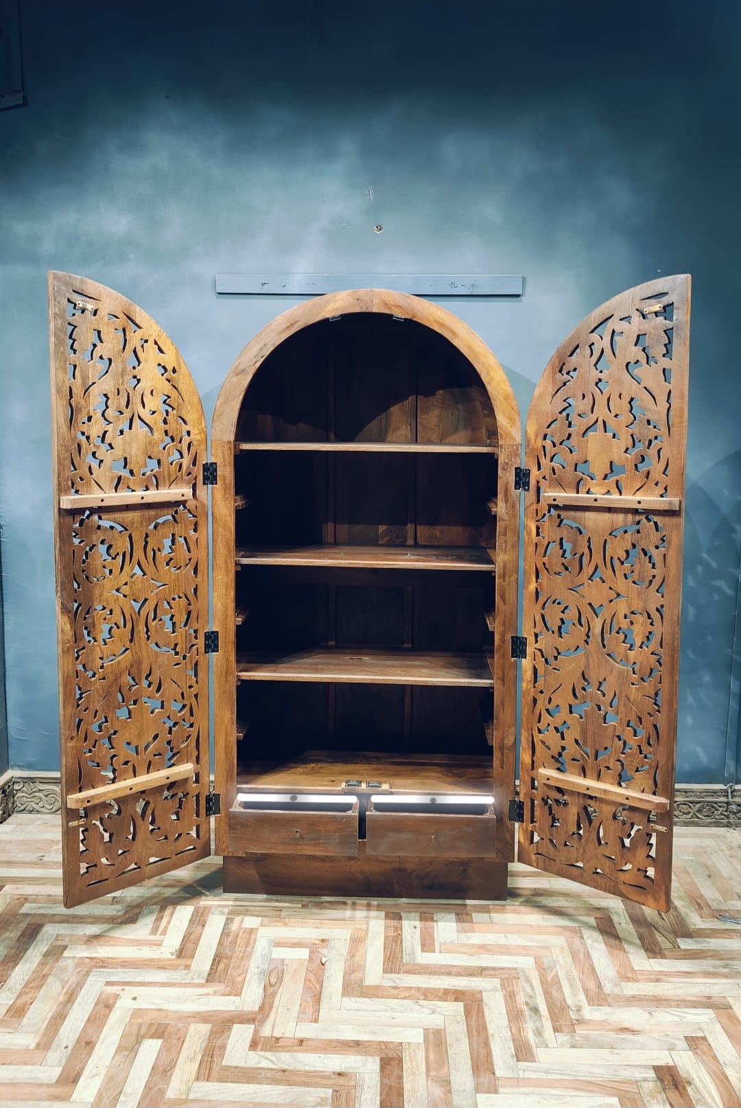 Sitra Arched Floral Hand - Carved Wood Armoire & Storage Cabinet – handcrafted solid wood furniture