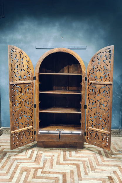 Sitra Arched Floral Hand - Carved Wood Armoire & Storage Cabinet – handcrafted solid wood furniture