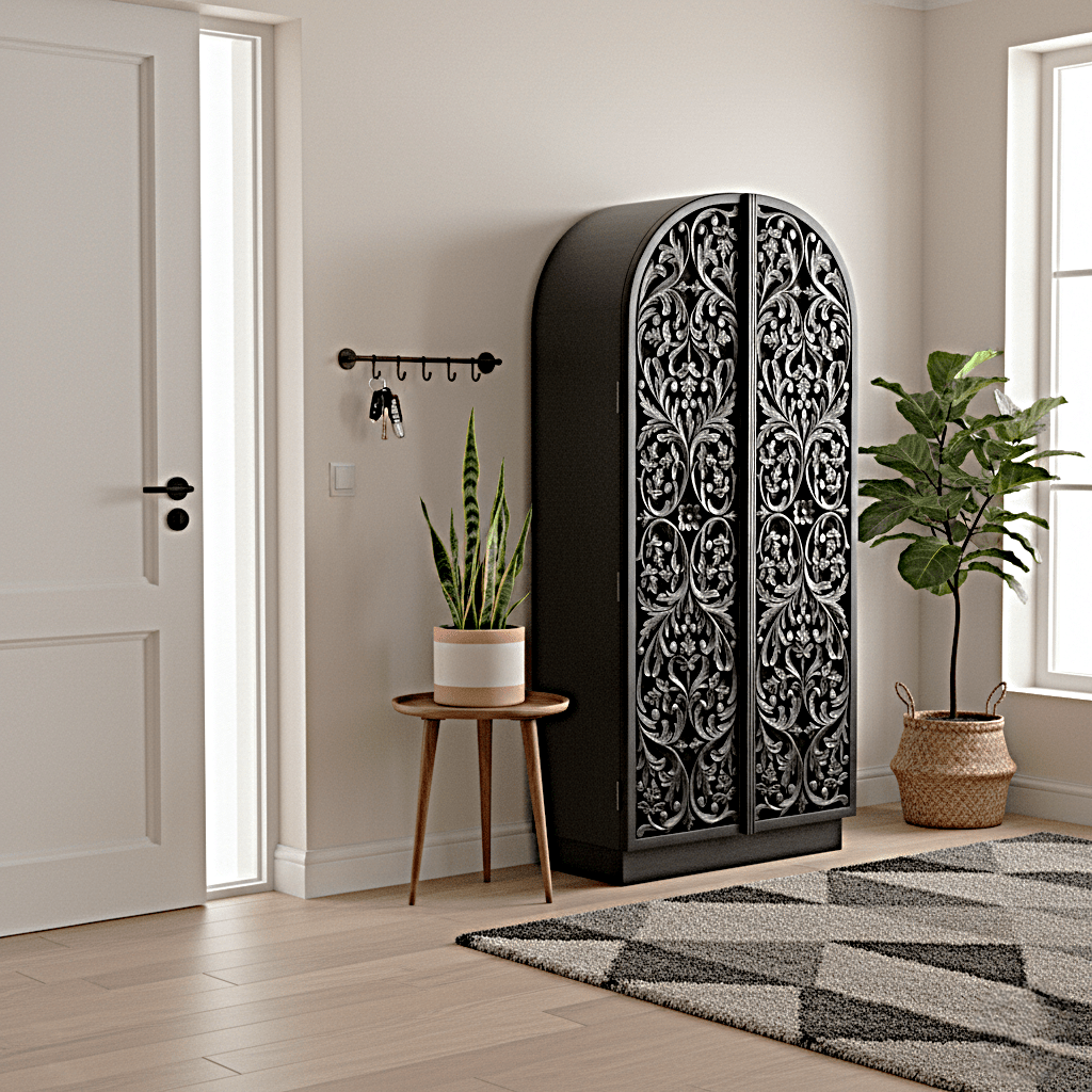 Sitra Arched Floral Hand - Carved Wood Armoire & Storage Cabinet – handcrafted solid wood furniture