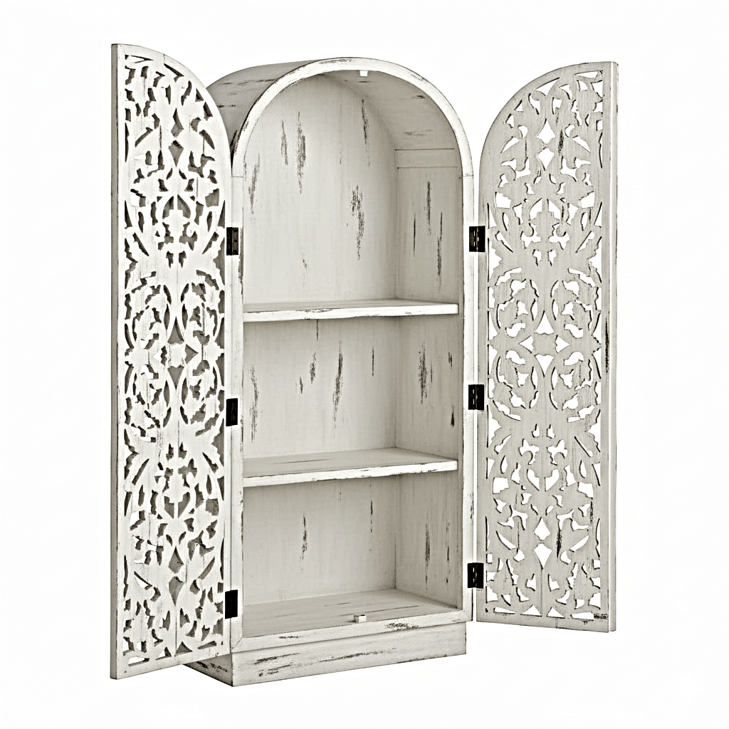 Sitra Arched Floral Hand - Carved Wood Armoire & Storage Cabinet – handcrafted solid wood furniture