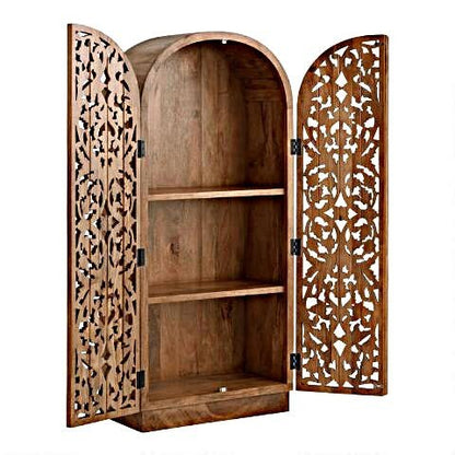Sitra Arched Floral Hand - Carved Wood Armoire & Storage Cabinet – handcrafted solid wood furniture