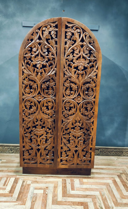 Sitra Arched Floral Hand - Carved Wood Armoire & Storage Cabinet – handcrafted solid wood furniture