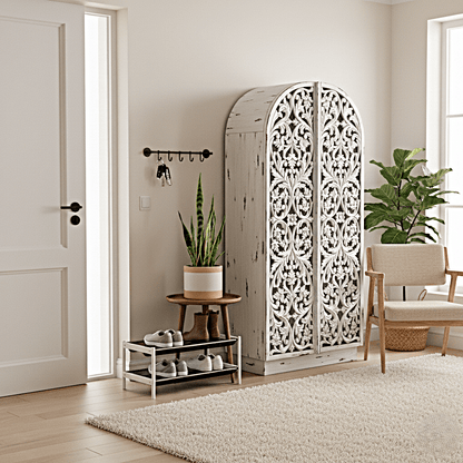 Sitra Arched Natural Floral Hand Carved Wood Storage Cabinet – handcrafted solid wood furniture