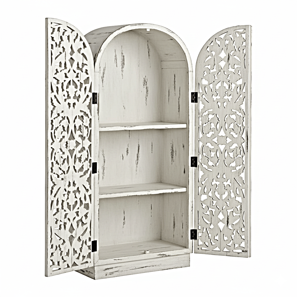 Sitra Arched Natural Floral Hand Carved Wood Storage Cabinet – handcrafted solid wood furniture