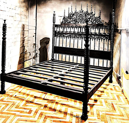 Spiral Kabak Hand Carved Solid Wooden Platform Bed by Hibashi Furniture – handcrafted solid wood furniture made in India