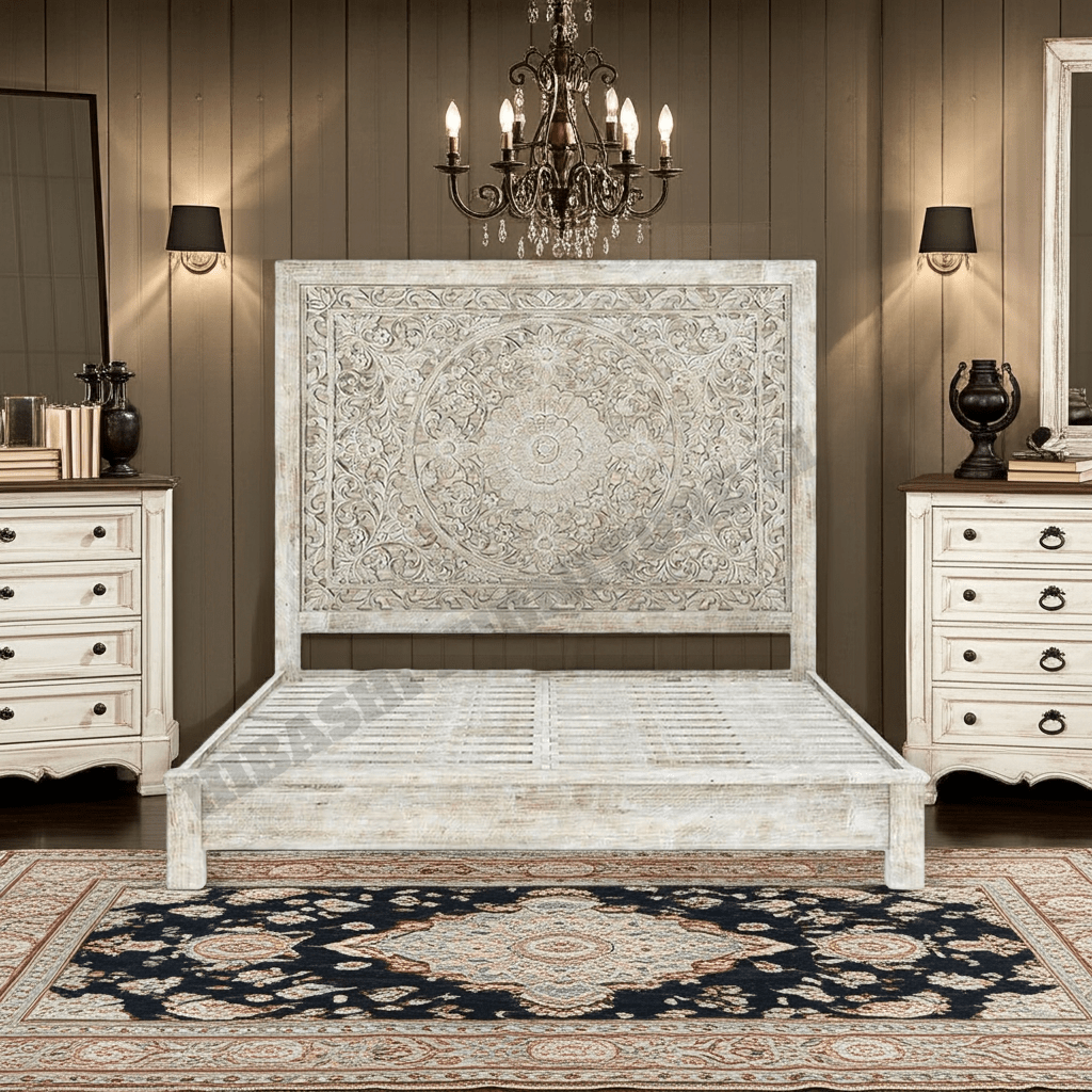 Sunflower Design Hand Carved Solid Wooden Bed Frame – handcrafted solid wood furniture