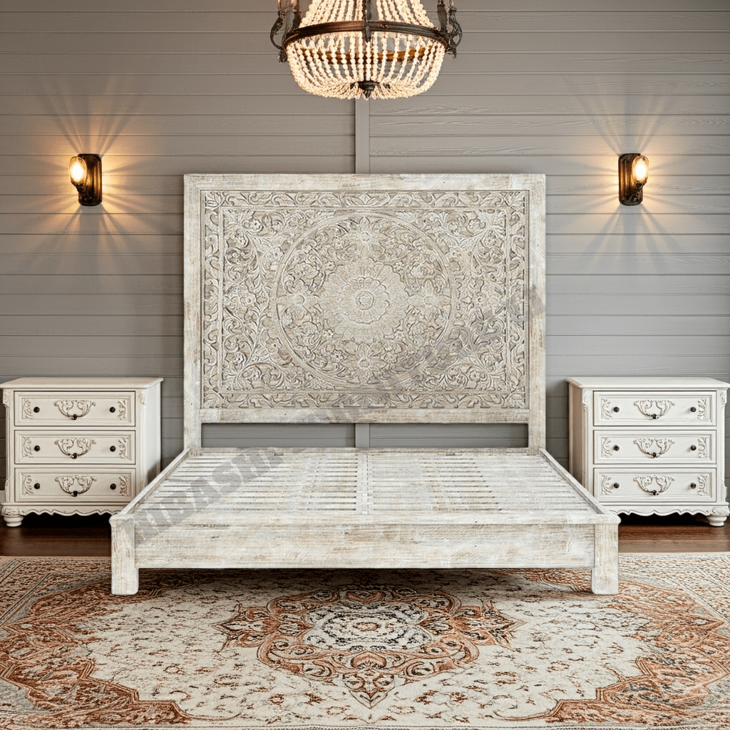 Sunflower Design Hand Carved Solid Wooden Bed Frame – handcrafted solid wood furniture