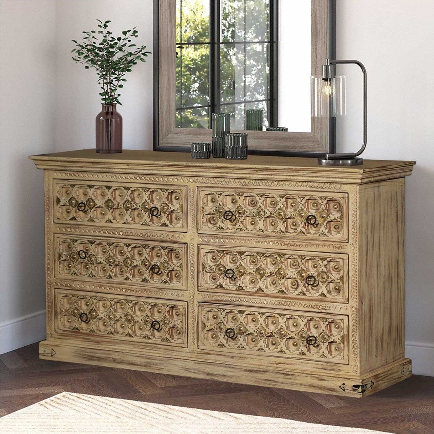 SUTE Hand-Carved Six Drawers Mango Wood Dresser