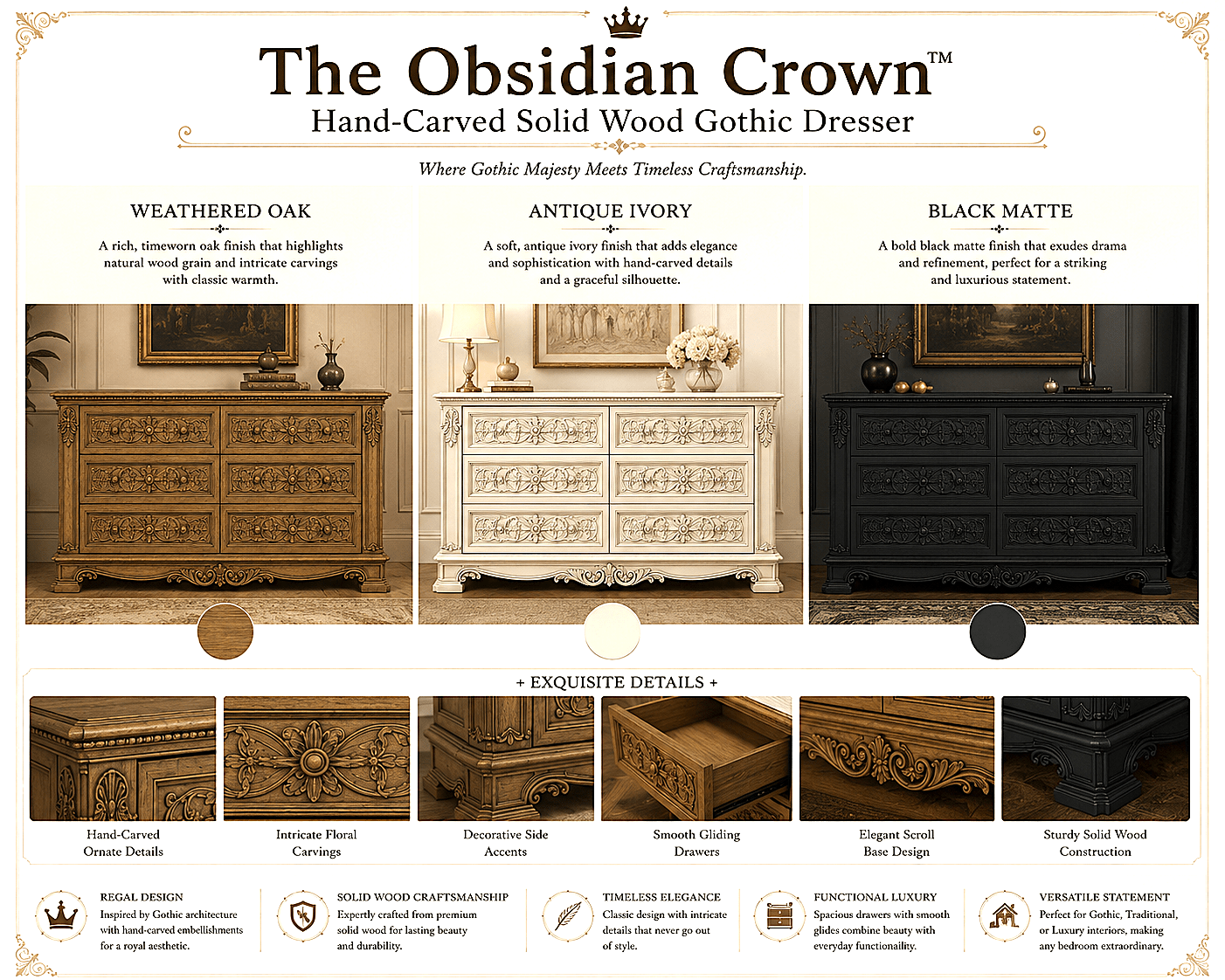 The Obsidian Crown™ Hand - Carved Solid Wood Gothic Dresser – handcrafted solid wood furniture