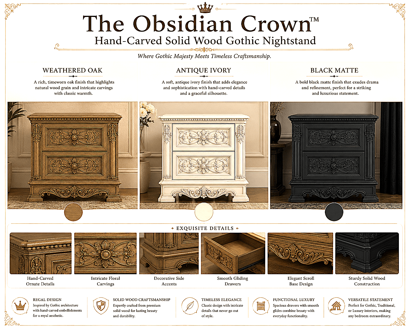 The Obsidian Crown™ Hand - Carved Solid Wood Gothic Platform Bed & Bedroom Collection – handcrafted solid wood furniture