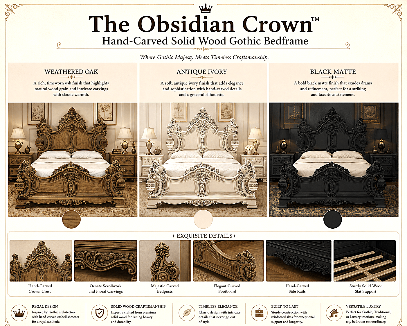 The Obsidian Crown™ Hand - Carved Solid Wood Gothic Platform Bed & Bedroom Collection – handcrafted solid wood furniture