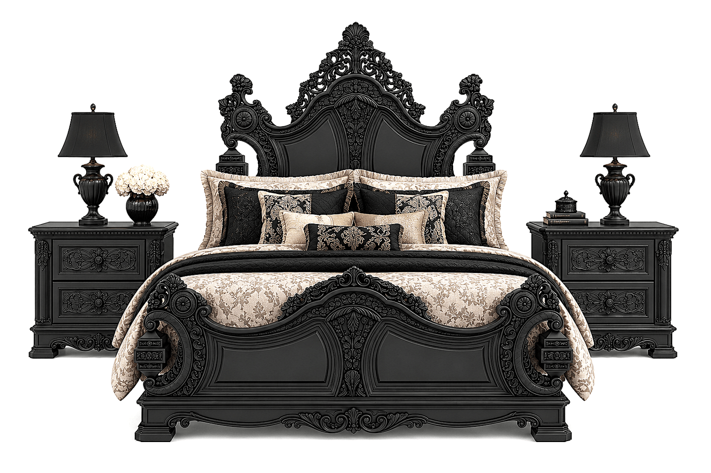 The Obsidian Crown™ Hand - Carved Solid Wood Gothic Platform Bed & Bedroom Collection – handcrafted solid wood furniture