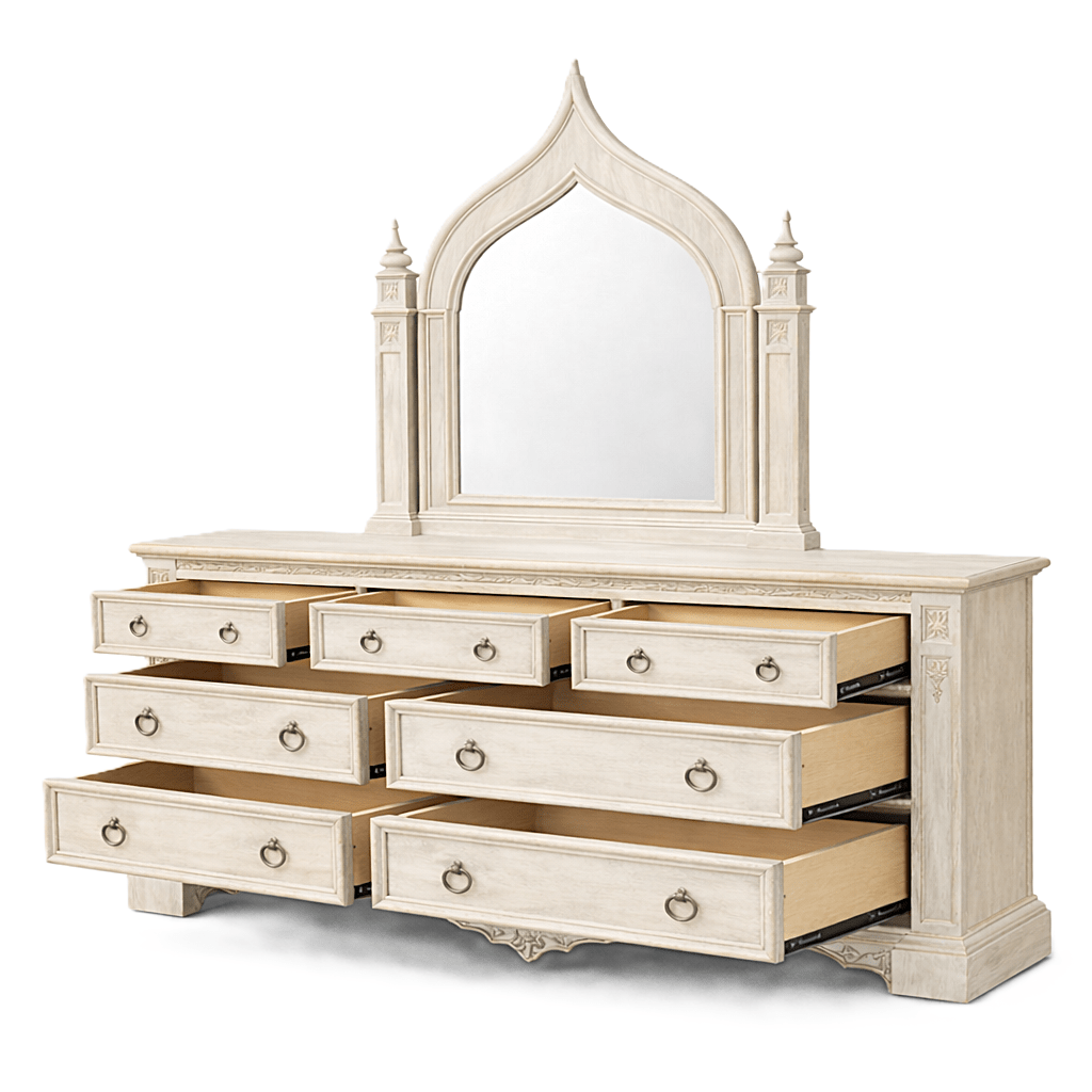 Vaulted Crown Gothic Hand - Carved Solid Wood Platform Bed / Bedroom Collection – handcrafted solid wood furniture