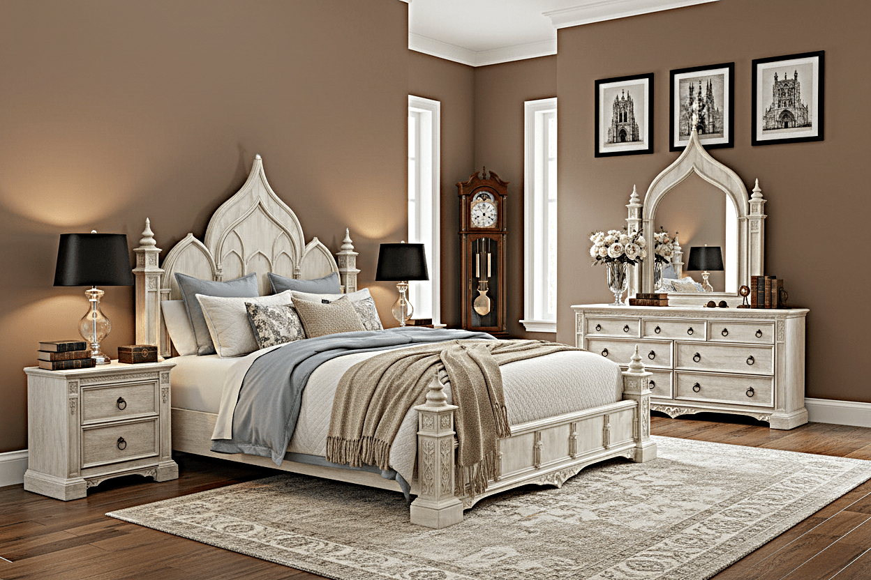 Vaulted Crown Gothic Hand - Carved Solid Wood Platform Bed / Bedroom Collection – handcrafted solid wood furniture