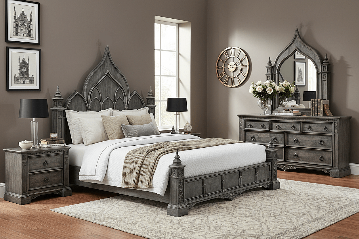 Vaulted Crown Gothic Hand - Carved Solid Wood Platform Bed / Bedroom Collection – handcrafted solid wood furniture
