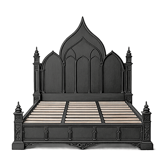 Vaulted Crown Gothic Hand - Carved Solid Wood Platform Bed / Bedroom Collection – handcrafted solid wood furniture